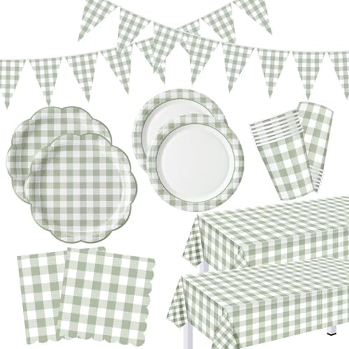 Sage Green 254 Pcs Gingham Plates Napkins Party Supplies for 50 by Unknown