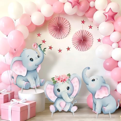 3Pcs Pink Elephant Baby Shower Decorations with Stakes & Stands, Waterproof Large Baby Elephant Cardboard Cutouts Standup Cartoon Birthday Party Indoor Outdoor Decor for Photo Booth Props - Image 2