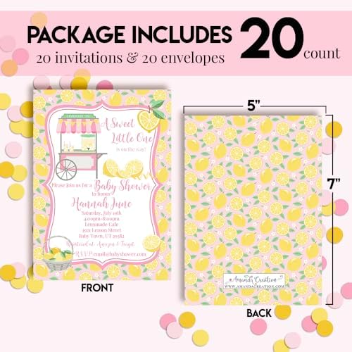 Custom Baby Shower Invites Pink Lemon Invitations for Girls, Pack of 20 5x7 Personalized Lemon Themed Invites with Envelopes - Unique Lemon Baby Shower Cards by AmandaCreation - Image 4