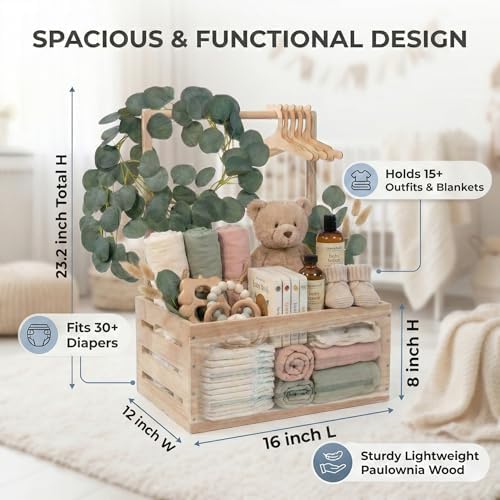 Wooden Baby Shower Crate Closet & Basket with Hanger Rack - Customizable Gift Basket with 2X Alphabet Letter Sets, Eucalyptus, 5 Hangers, Dividers, Nursery Decor Girls Boys (Natural Wood) - Image 5