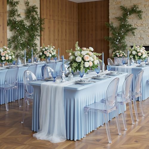 6 Pack Dusty Blue Spandex Table Clothes for 8 Foot Rectangle Tables, Wrinkle Free Fitted Table Cover 8ft Stretch Tablecloths Desk Skirt for Parties Weddings Birthday Banquet Baby Shower - Image 4