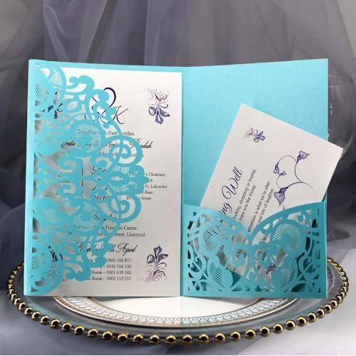 50PCS 3D Lace Flower Laser Cut Wedding Invitation Cards with Envelope Blank Inner Sheet Hollow Out Flower Shape Invitations for Wedding Quinceanera Birthday Shower Engagement Party 07 by Ykybhx