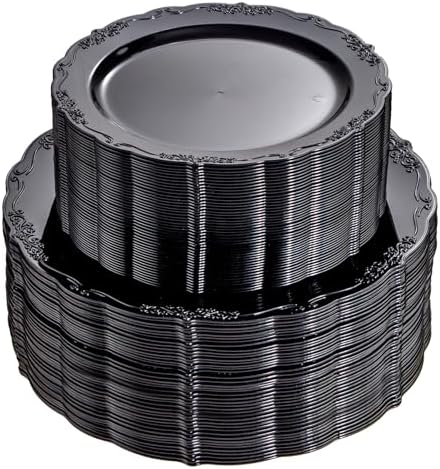 U-QE 100PCS Black Plastic Plates, Heavy Duty Black Plates by U-QE