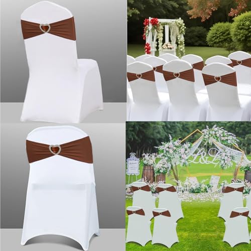 Brown Chair Sashes 50 Pack Spandex Brown Sashes for Chairs Covers Universal Stretch Chair Sashes Band with Heart Buckle Slider for Wedding Banquet Party Decorations - Image 5