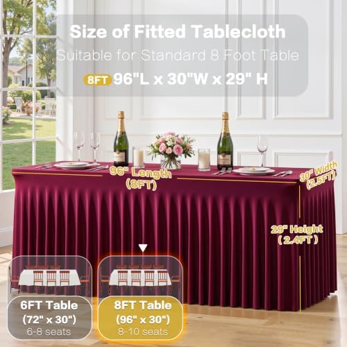 gogoparti 2 Pack Spandex Burgundy Fitted Table Cloth for 8ft Rectangle Tables Burgundy Stretch Tablecloth Table Covers Banquet Table Clothes Wrinkle Free Table Skirt for Parties Wedding - Image 5
