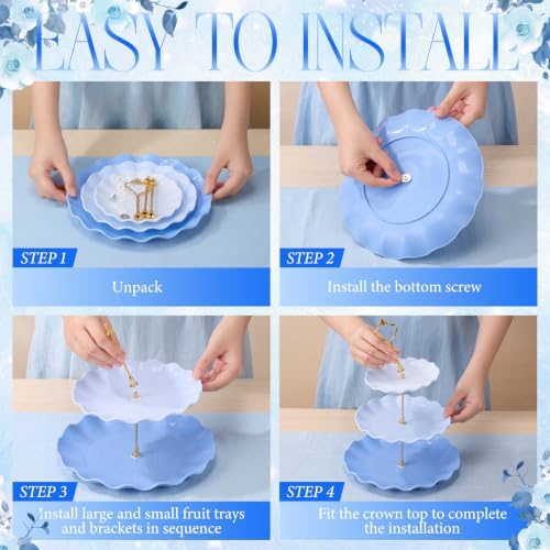 FoldTier 6 Pack Cupcake Stand Set 3 Pcs 3 Tier Gradient Dessert Table Display Stands Cookie Tray Rack 3 X14 in Rectangle Party Trays for Wedding Birthday Tea Party Baby Shower(Blue,Round) - Image 5