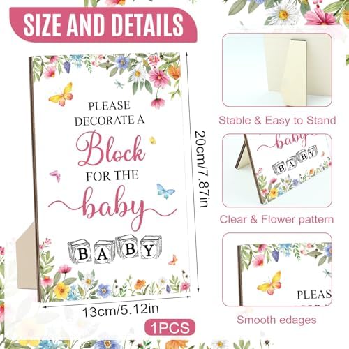 150 Pcs Wildflower Baby Shower Games Sign Kit, Including a Decorate Flower Game Sign 102 DIY Wooden Blocks 36 Acrylic Markers 10 Stencils 1 Storage Box, for Baby Shower Party Gender Reveal - Image 2
