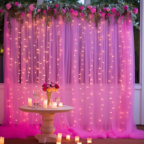 10×10ft Hot Pink Tulle Backdrop Curtain with Lights String for Parties, Sheer Photo Backdrop Curtains for Wedding Party Photography Background - Image 6