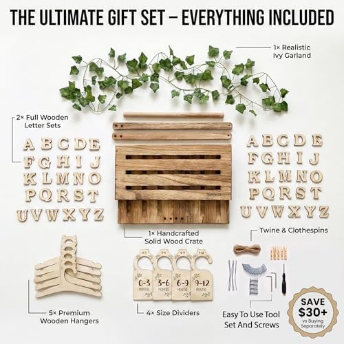 Wooden Baby Shower Crate Closet & Basket with Hanger Rack - Customizable Gift Basket with 2x Alphabet Letter Sets, Hangers, Dividers, Ivy Garland,Nursery Decor Girls Boys(Rustic Burnt Wood) - Image 3