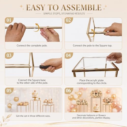 3PCS Square Metal Pedestal Stands, Gold Display Columns for Party Decorations, Wedding Cake Table Stands with Removable Acrylic Top, Sturdy Iron Nesting Riser for Flowers, Vases, and Dessert Displays (23.6", 31.5", 39.3" Heights) - Image 3