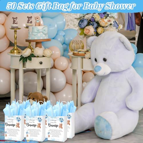 Resurhang 50 Sets Gift Bag for Baby Shower Bear Balloon Goodie Bags with Handles and Tissue Paper Baby Shower Party Favor Handbag for Guests Gender Reveal Return Gift(Blue) - Image 6