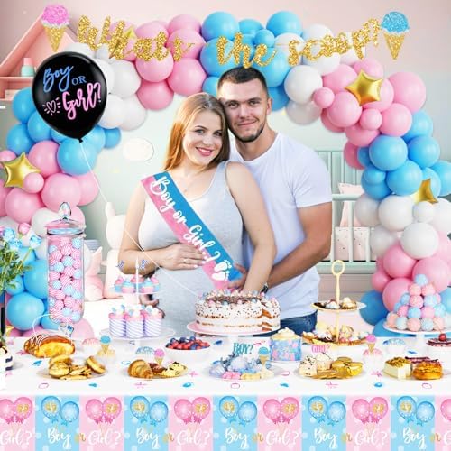 172 PCs Whats The Scoop Gender Reveal Decorations, Hombae Boy or Girl Gender Reveal Decorations Backdrop Balloon Garland Banner Tablecloth Cake Cupcake Topper Box Cutout Poster Sash Ice Cream - Image 5