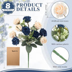 Zeyune 8 Pack 12 Inch Artificial Rose Bouquet, Navy Blue and Champagne - Image 2