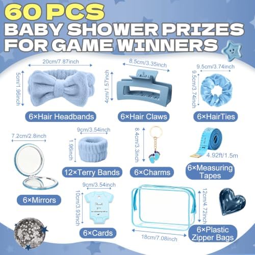 74PCS Baby Shower Prizes for Game Winners with Clear Makeup Bags Glitter Mirrors Belly Rulers Baby Feet Keychains Headbands Hair Claws for Baby Shower Games and Bridal Shower Favors (Blue, 6 Sets) - Image 2