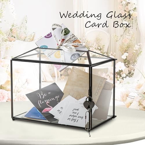 Wedding Glass Card Box with Slot and Lock, 10.2 x 6 x 8 Inch, Small Black Geometric Cards Holder for Birthdays Party Reception, Wishing Well - Slot Length 6.3'' (Glass Box Only) - Image 3