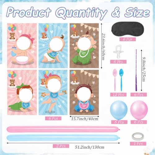 Cinrobiye 6 Set Baby Shower Games Kit Feed the Baby Shower Game with Pacifier Fishing Game, Balloon Baby Bump Limbo Challenge, Blindfold Team Party Activities for Gender Reveal Baby Shower - Image 2
