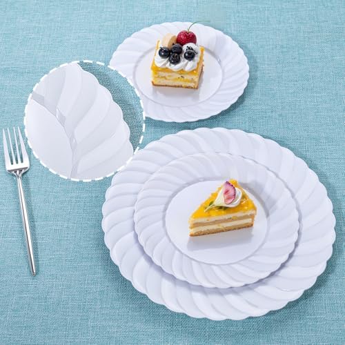 U-QE 60 Pcs White Plastic Plates for Party – Scalloped Plastic Plates - Image 3