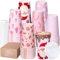 Mimorou 60 Pack Pink Christmas Coffee Cups with Lids and Sleeves, 16 oz Disposable Paper Holiday Cups, Festive Designs with Snowflakes Santa Gingerbread Candy Canes Polka Dots for Xmas Party Favors by Mimorou