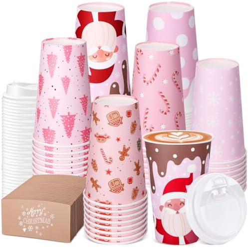 Mimorou 60 Pack Pink Christmas Coffee Cups with Lids and Sleeves, 16 oz Disposable Paper Holiday Cups, Festive Designs with Snowflakes Santa Gingerbread Candy Canes Polka Dots for Xmas Party Favors by Mimorou