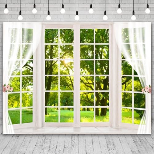 20x10ft Spring Backdrop Window Scenery Green Forest Photography Background Jungle Trees Sunshine Nature Landscape Wedding Banner Decorations Girl Woman Birthday Portrait Photo Booth Prop - Image 3
