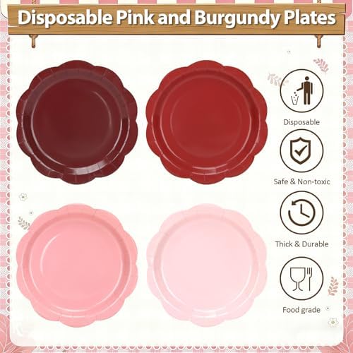 Pink and Burgundy Plates and Napkins Party Supplies, 9’’ Gradient Maroon Disposable Paper Plates and Cups and Napkins Set for Baby Shower, Birthday, Wedding Party Decorations Serves 48 - Image 3