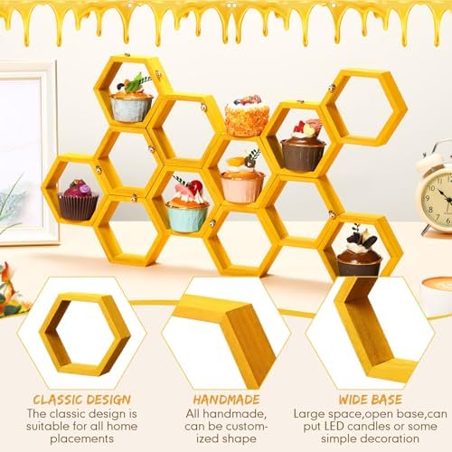 Fairysandy 12 Pcs Mini Honeycomb Cupcake Stand 50 Tiny Wooden Bee, Gold - Image 3