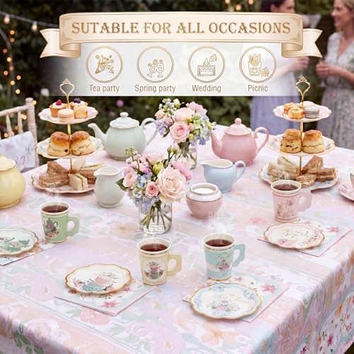 Yungyan 216 Pcs 72 Guest Tea Party Plates and Napkins Sets Floral Tea Party Supplies 6" Paper Plates, 9 oz Cups and Saucers Disposable Tableware Set for Birthday Wedding Bridal Shower Decorations - Image 3