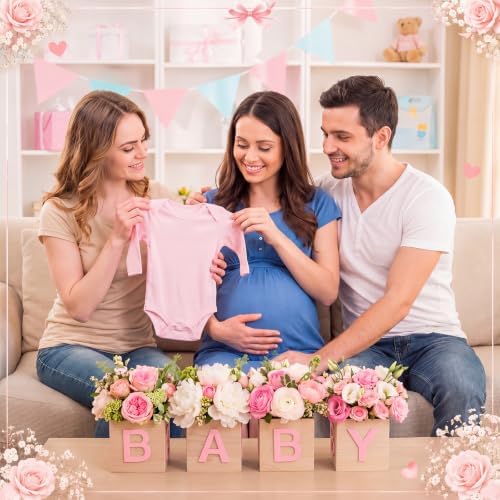 4 Sets Baby Shower Centerpieces for Table, 6 Inch Wood Boxes with Floral Foam Blocks Cube Planter Vase with Baby Letters for Babys Shower Gender Reveal Party Favor Table Decor(Pink) - Image 3
