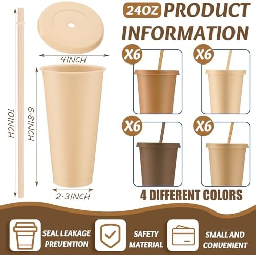Skylety 24 Pcs Brown Plastic Cups with Lids and Straws 24 oz - Image 2