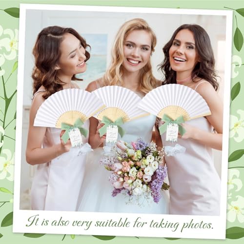 50 Sets Wedding Fan Favors for Guests, White Folding Hand Fans with Thank You Tags and Chiffon Ribbon, Wedding Guest Gifts for Bridal Shower, Baby Shower and Church Events(Green,Leaves) - Image 4