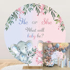 AOFOTO 6.5x6.5ft Gender Reveal Round Backdrop Cover Cartoon Baby Elephant Rustic Flower Leaf Printed Photography Background What Will Baby Be He or She Pink Blue Pregnant Mom Surprise Party Decor by AOFOTO
