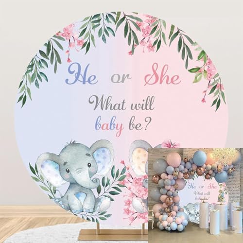 AOFOTO 7.2x7.2ft Gender Reveal Round Backdrop Cover Cartoon Baby Elephant Rustic Flower Leaf Printed Photography Background What Will Baby Be He or She Pink Blue Pregnant Mom Surprise Party Decor by AOFOTO