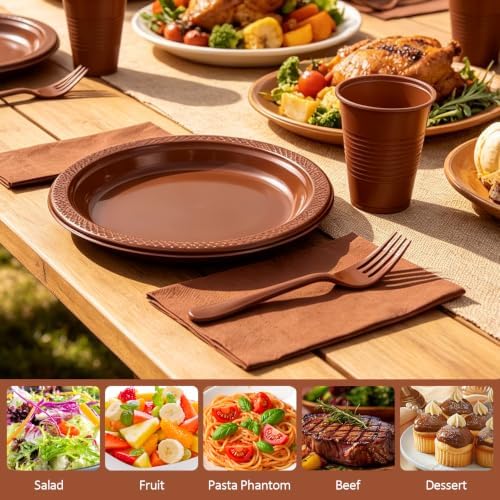 200pcs Brown Plastic Plates Party Supplies, Disposable 9’’ Dinner Plates and Napkins, Cups & Cutlery Dinnerware Set for Birthday, Baby Shower Fall, Thanksgiving Decorations, Serves 50 Guests - Image 3