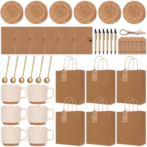 6 Sets Kraft Baby Shower Game Prizes, Baby Shower Guest Gifts, Ceramic Mugs with Metal Spoons, Woven Coasters, Notebooks with Pens, Thank You Tags, Wedding Bridal Shower Favors for Guests (brown) by Unknown