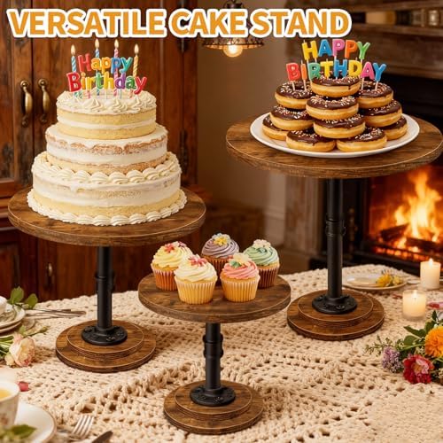Cake Stand Set of 3, Rustic Industrial Wood Round Cupcake Stands - Image 5