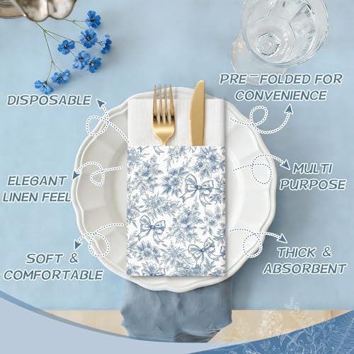 Potchen 100 Pcs Linen Feel Napkins Disposable, Something Blue Bow Flowers - Image 4