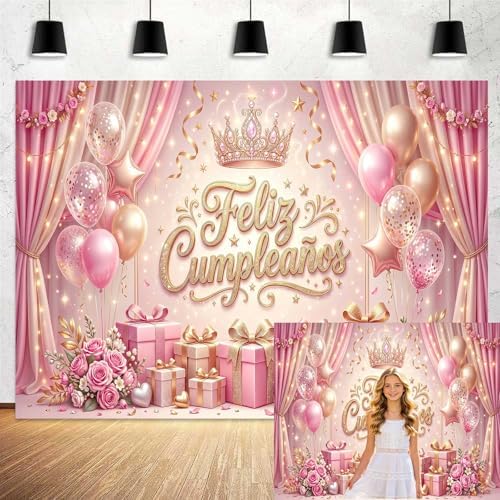 Feliz Cumpleaños Backdrop Pink Gold Balloon Crown Rose Gift Curtain Photo Background Banner for Women Girls Happy Birthday Party Photoshoot 20X10ft - Image 2