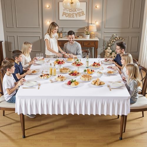 Wish Care White Spandex Tablecloths for 60x60 Inch Square Tables, Stretch Fitted Table Clothes with Pleated Ruffle Skirt for 60” Table, Wrinkle Free and Elastic, for Party Kitchen Home Dining - Image 3