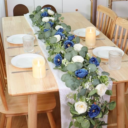 TOCHGREEN 4 Pack Artificial Eucalyptus Flower Garland with White Blue Roses - Image 5