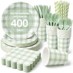 400 Pcs Sage Green Gingham Paper Plates and Napkins Set for 50, 9" Dinner Plates & 7" Dessert Plate, Tableware for Garden Birthday Party by Unknown