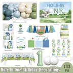 Hole in One Birthday Decorations, 133 PCs Golf First Party Supplies Boy 1st Birthday Decor Set with Balloons Chair and Photo Banners Backdrop Tablecloth Cake Cupcake Toppers Boxes Cutout Crown - Image 2