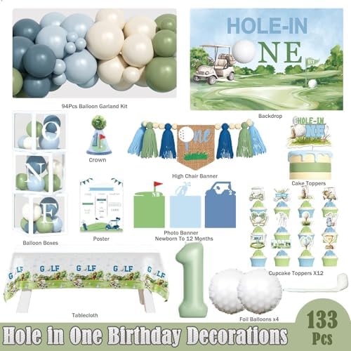 Hole in One Birthday Decorations, 133 PCs Golf First Party Supplies Boy 1st Birthday Decor Set with Balloons Chair and Photo Banners Backdrop Tablecloth Cake Cupcake Toppers Boxes Cutout Crown - Image 2