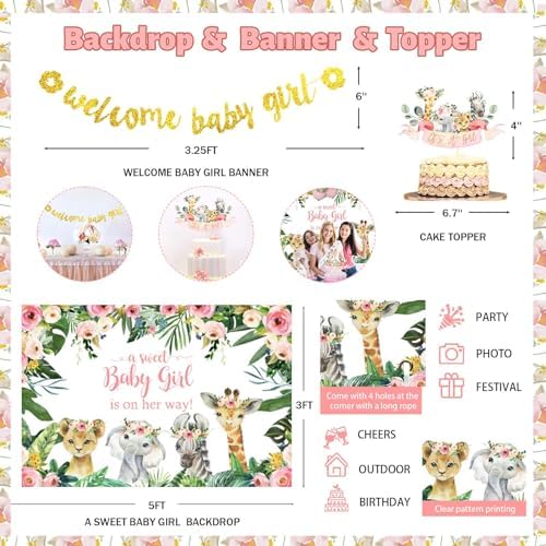 Safari Baby Shower Decorations for Girl, Jungle Themed Décor Backdrop Balloon Garland Arch Artificial Leaves Box Cutout Glitter Banner Cake Topper Sash Lion Cheetah Giraffe Pink 140 PCs - Image 3