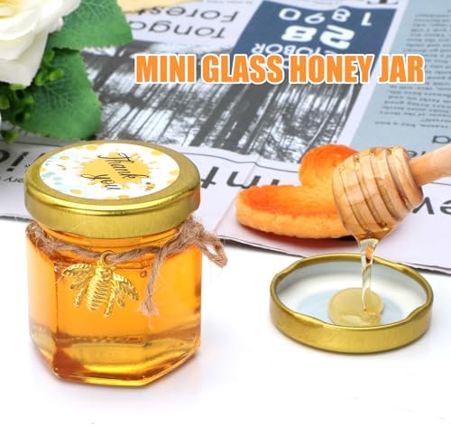 XING-RUIYANG 60 pack 1.5 oz Mini Honey Jars，baby shower favors,There's honey sticks, bee pendants, stickers and gold goodie bags，Suitable for wedding party gifts - Image 4