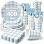 400 Pcs Pcs Blue Gingham Paper Plates and Napkins Set for 50, 9" Dinner Plates & 7" Dessert Plate, Baby Boy Shower Birthday Party by Unknown