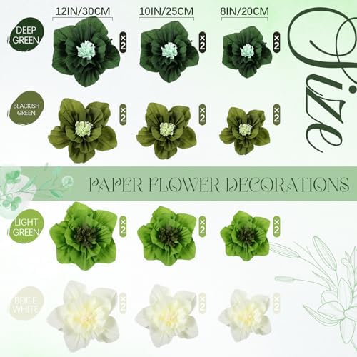Cholemy 24 Pcs Tissue Paper Flowers, Crepe Paper Flowers Decorations 8" 10" 12" for Wedding Party Baby Bridal Shower Carnival Party Birthday Nursery Wall Decor (Green Series) - Image 2