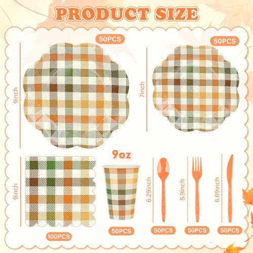 400 Pcs Fall Plaid Paper Plates and Napkins Set Autumn Disposable Checkered Dinner Party Set for 50 Guests Include Orange and Green Scalloped Plates Napkins Cup & Cutlery for Thanksgiving Fall Wedding - Image 2