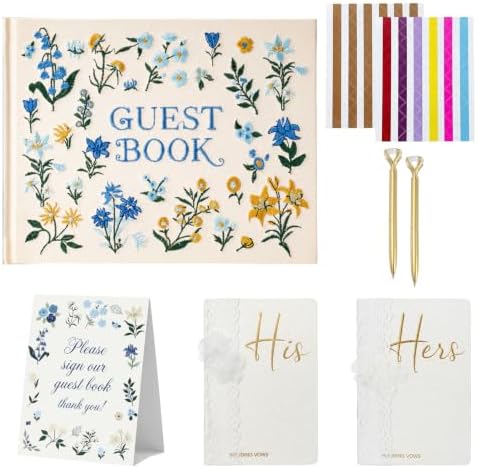 Wedding Guest Book and Vow Book Set Blue Flowers Embroidered Linen by Unknown