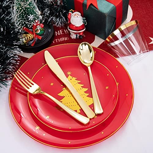 WDF 150pcs Christmas Plates - Christmas Red Plastic Plates with Christmas Tree, Gold Plastic Silverware, Clear Gold Cups, Christmas Design Perfect for Christmas Parties - Image 4