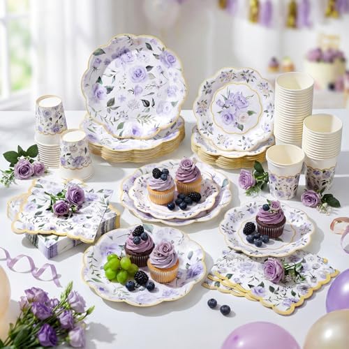 Funnymoom 250 Pcs Purple Gold Floral Paper Plates Napkins Cups Serves 50 - Image 4